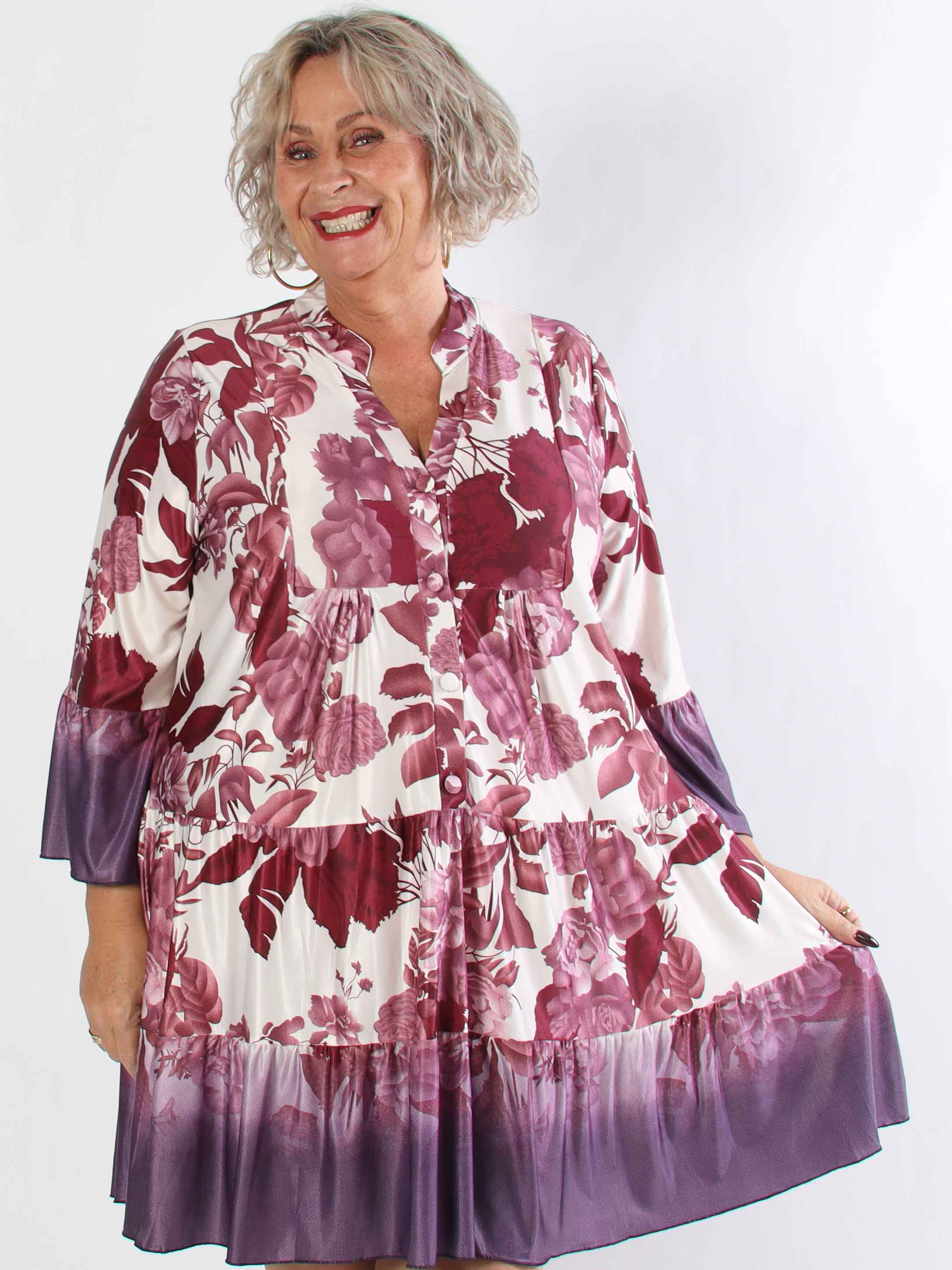 Milania Flower - Elastisk blomstret plus size kjole med flæselag